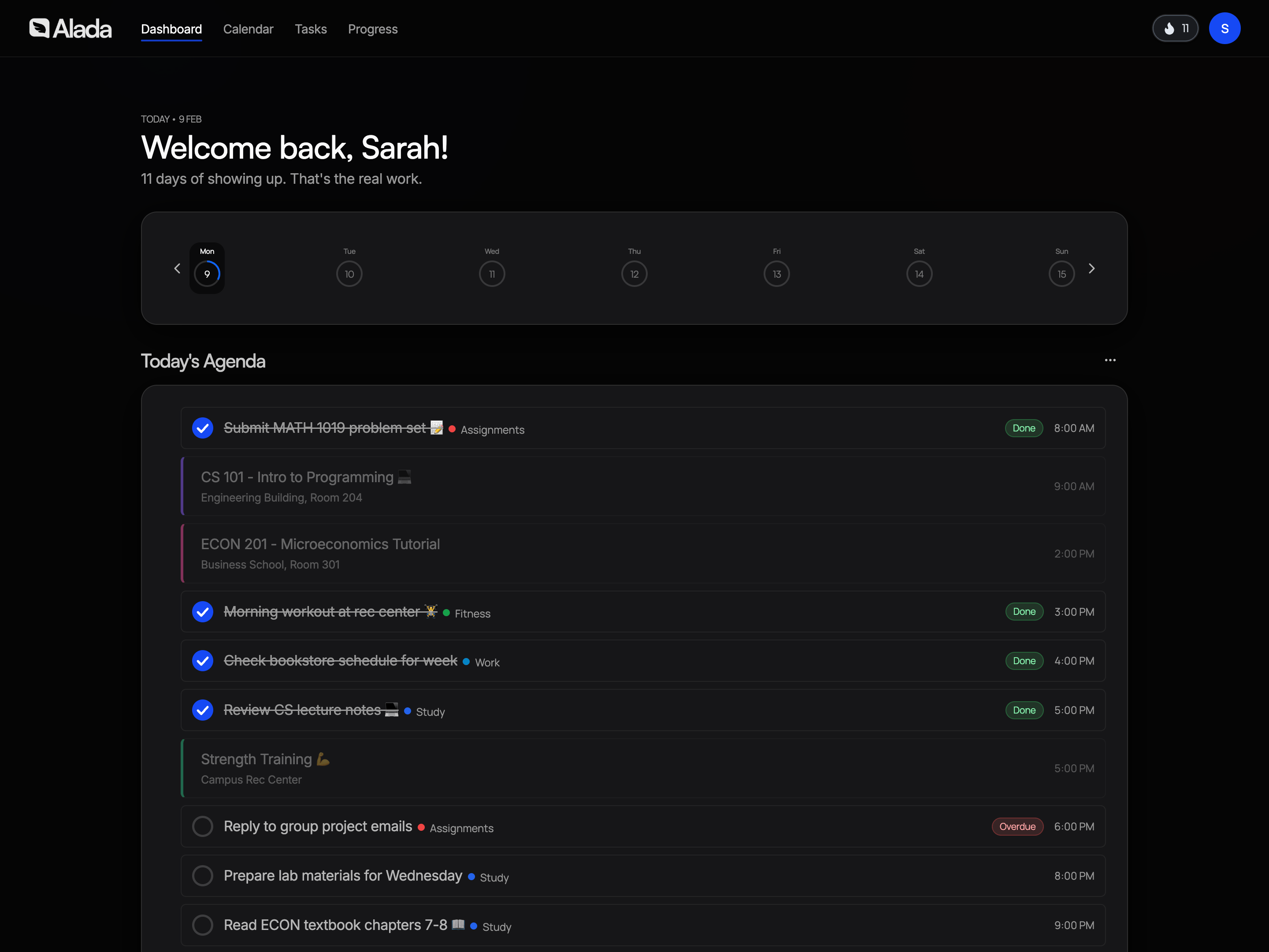 Alada Dashboard showing weekly progress, streaks, and tasks
