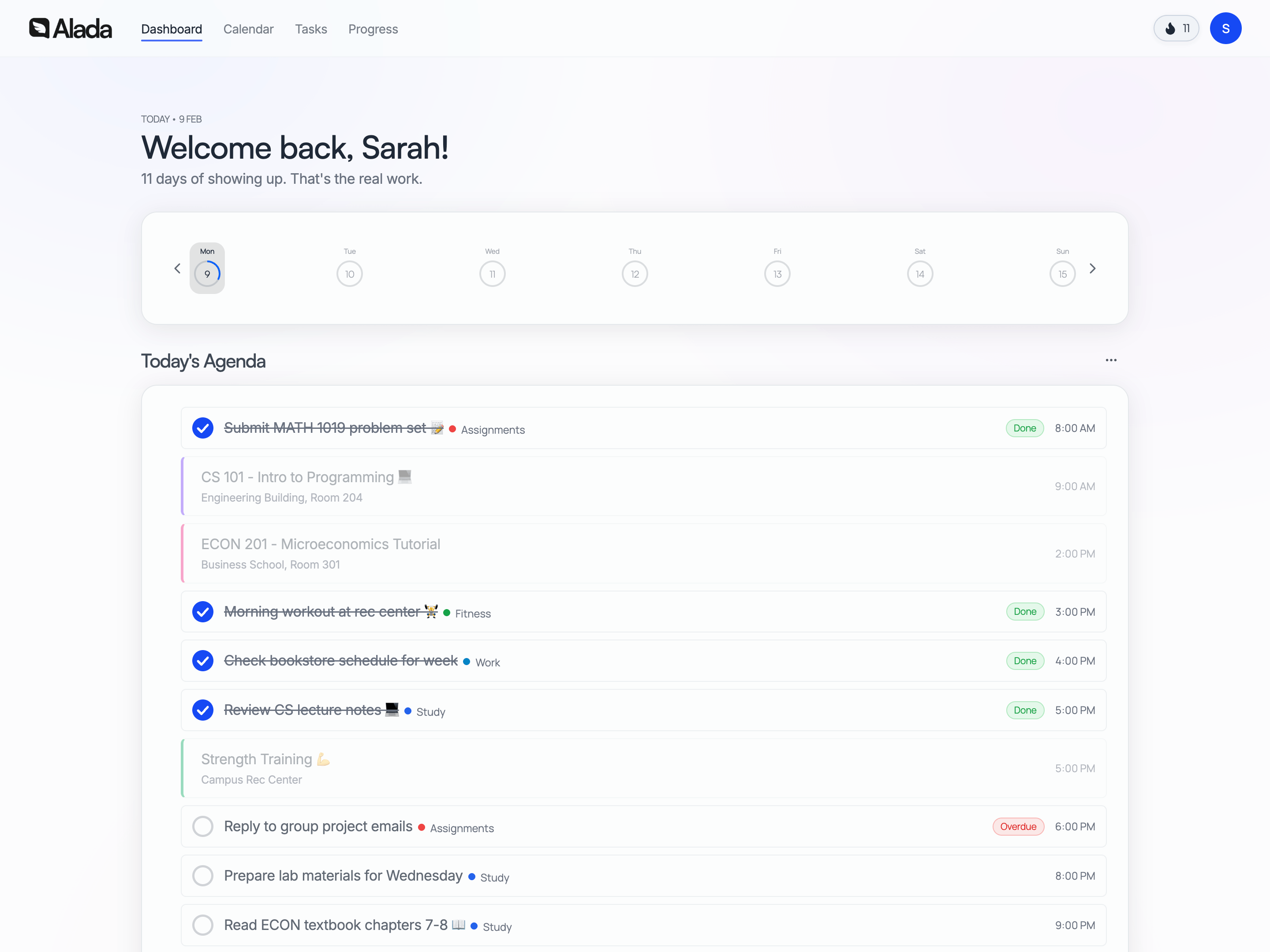 Alada Dashboard showing weekly progress, streaks, and tasks