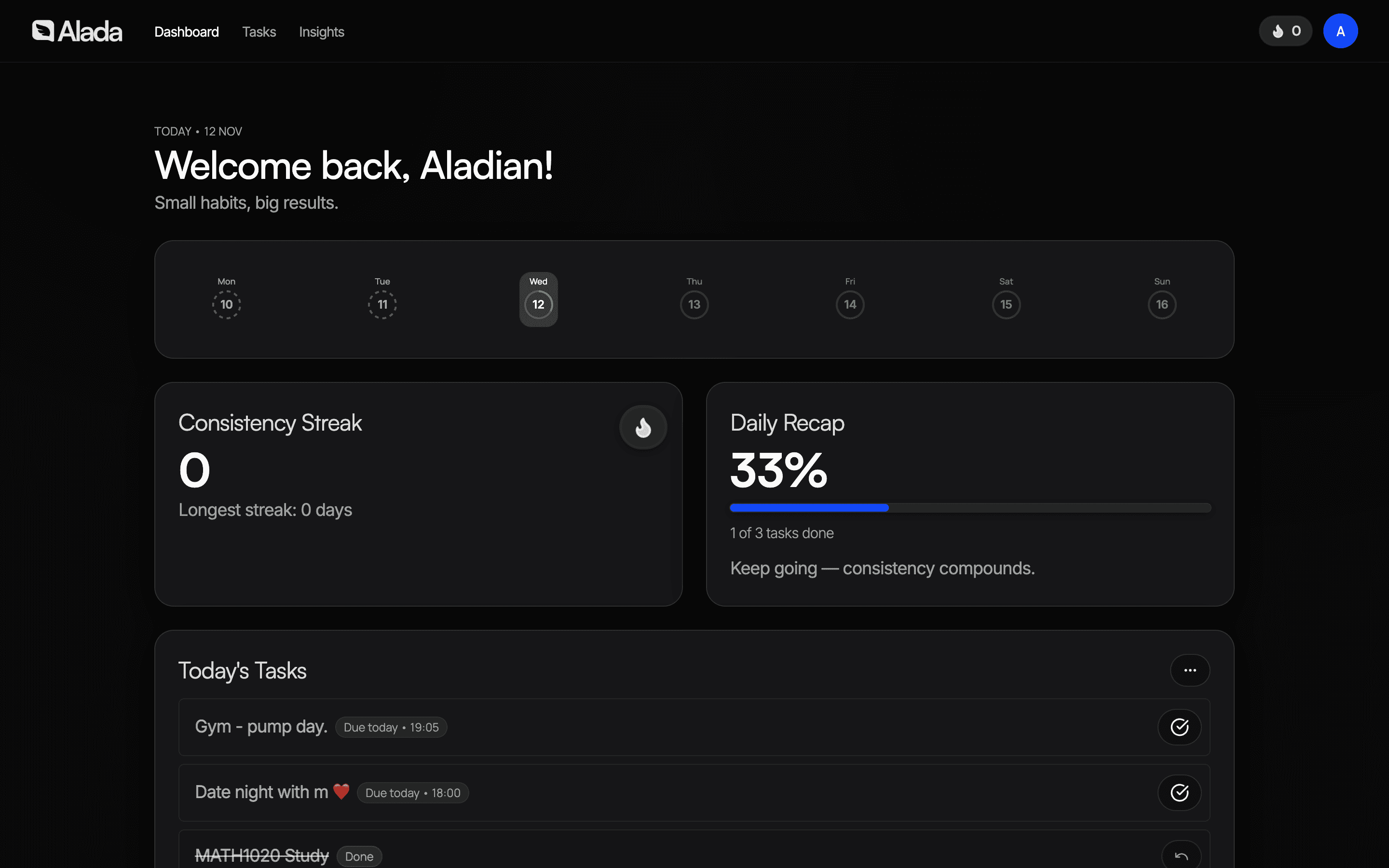 Alada Dashboard showing weekly progress, streaks, and tasks