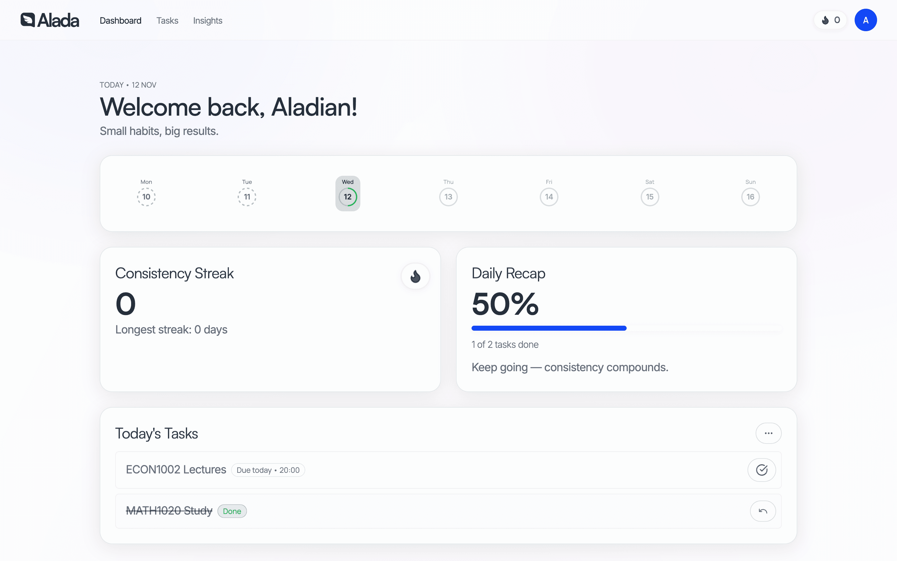 Alada Dashboard showing weekly progress, streaks, and tasks