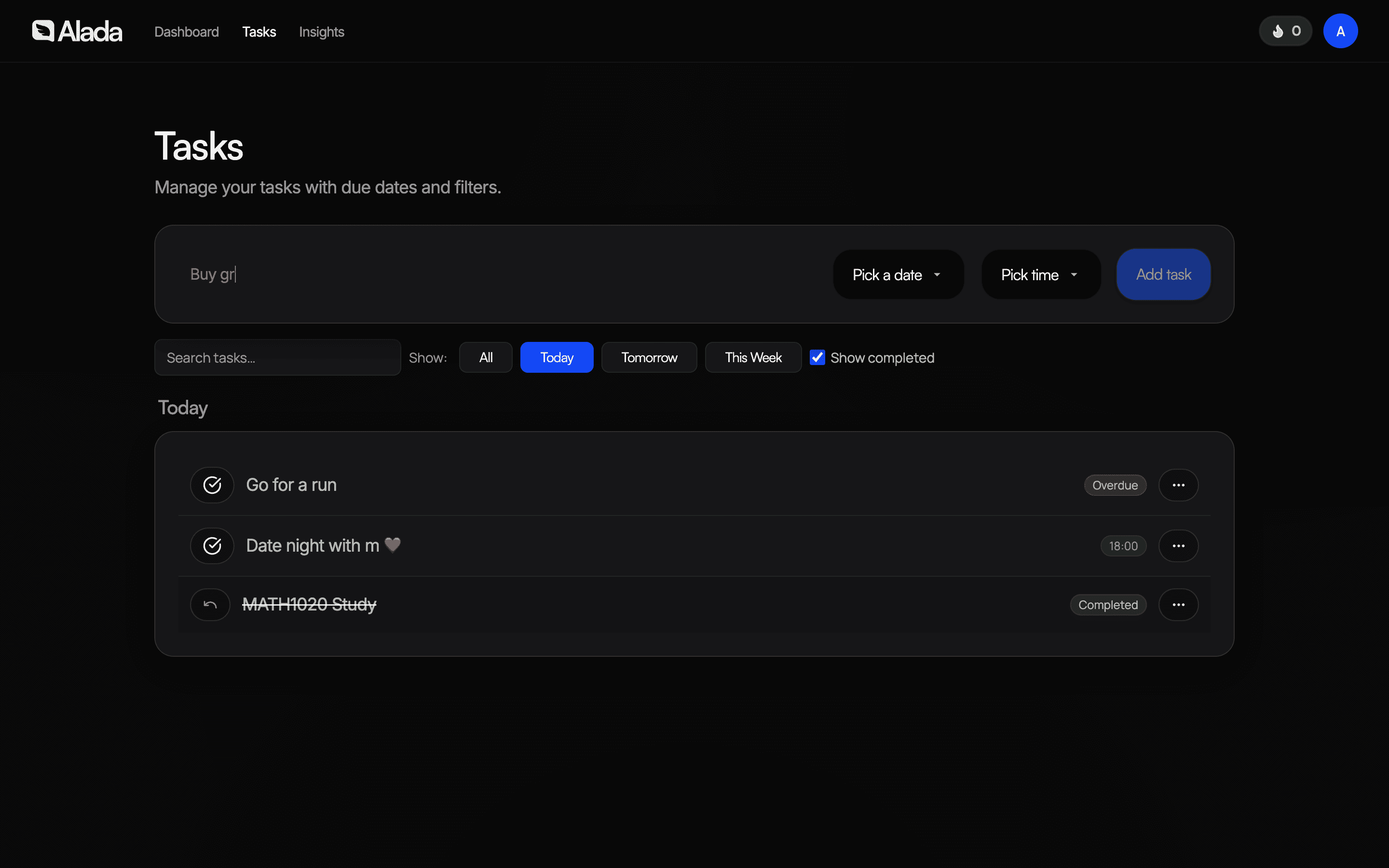 Tasks view showing simple task management