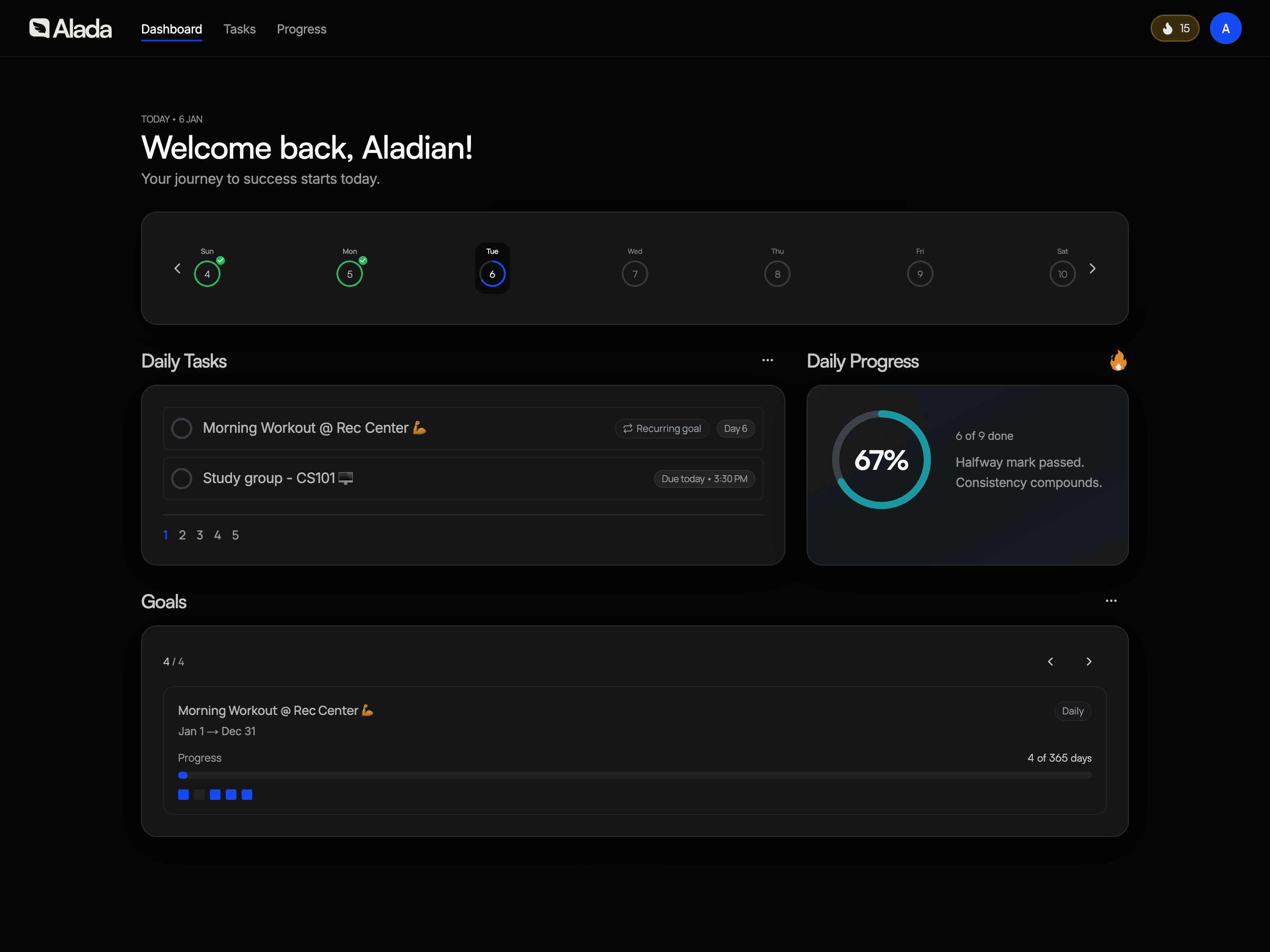 Alada Dashboard showing weekly progress, streaks, and tasks