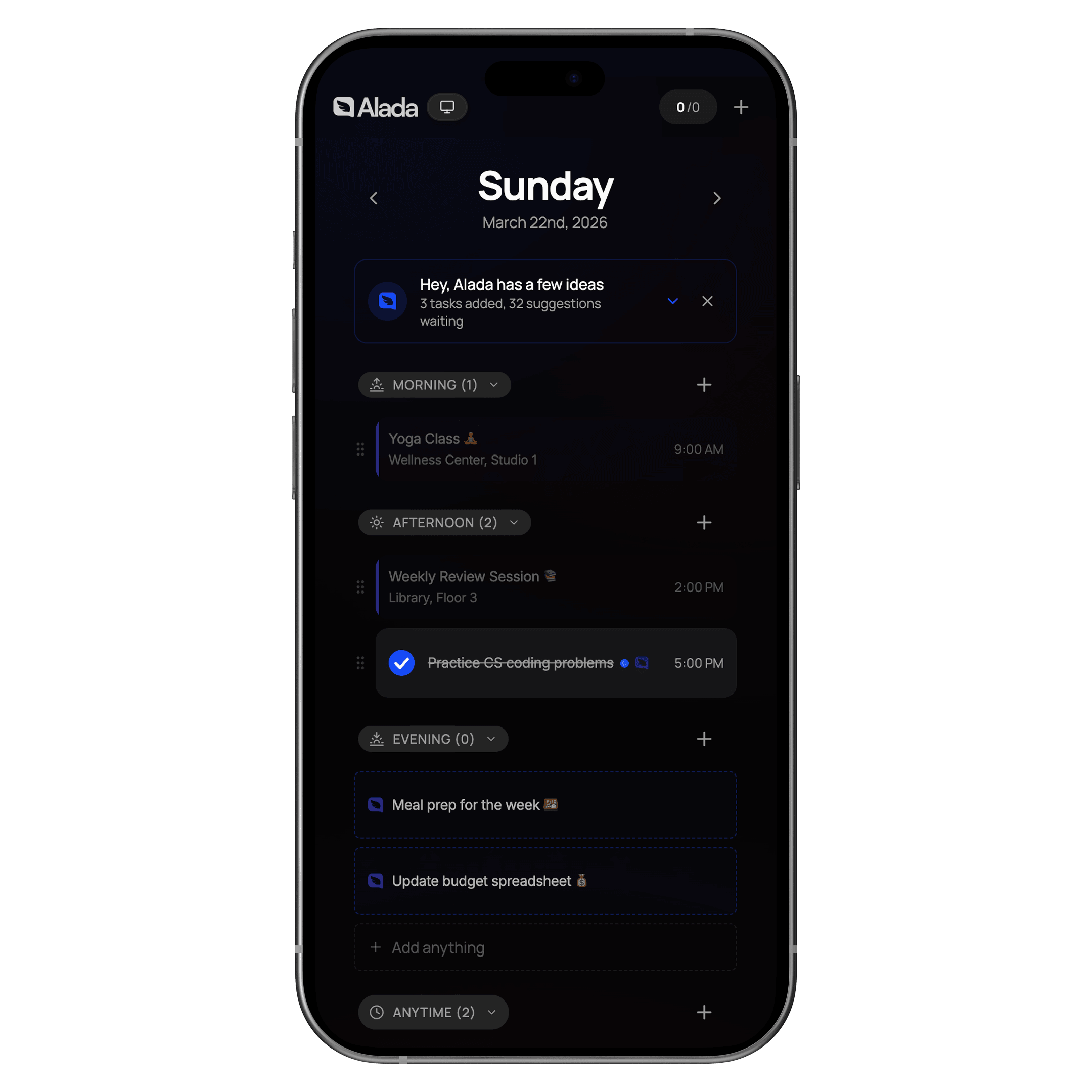 Alada Dashboard mobile view