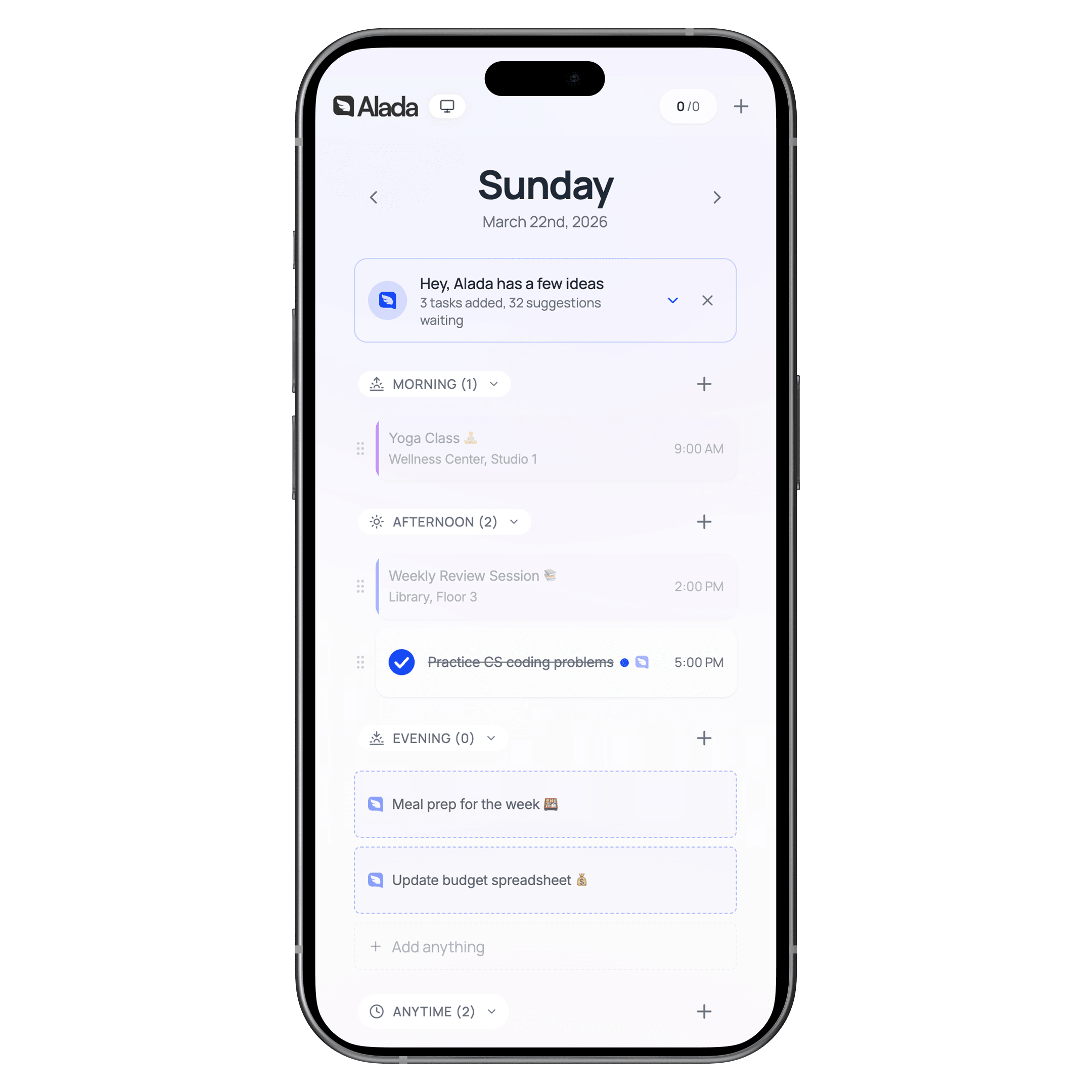 Alada Dashboard mobile view