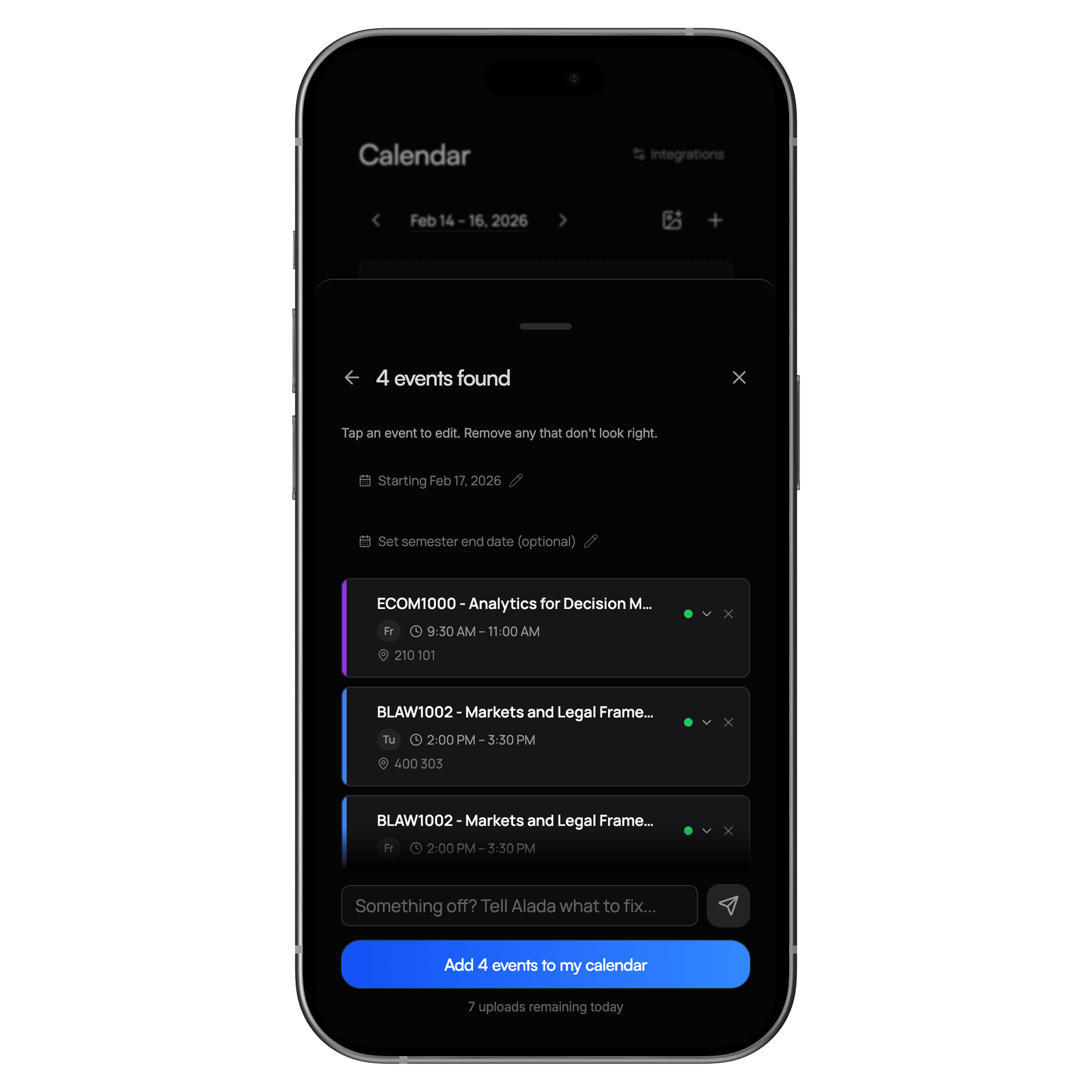 Alada parsed events preview