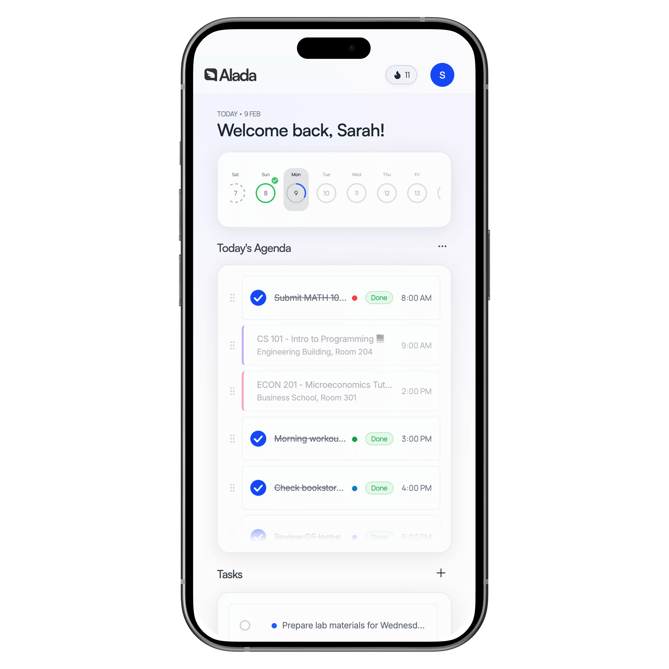 Alada Dashboard mobile view